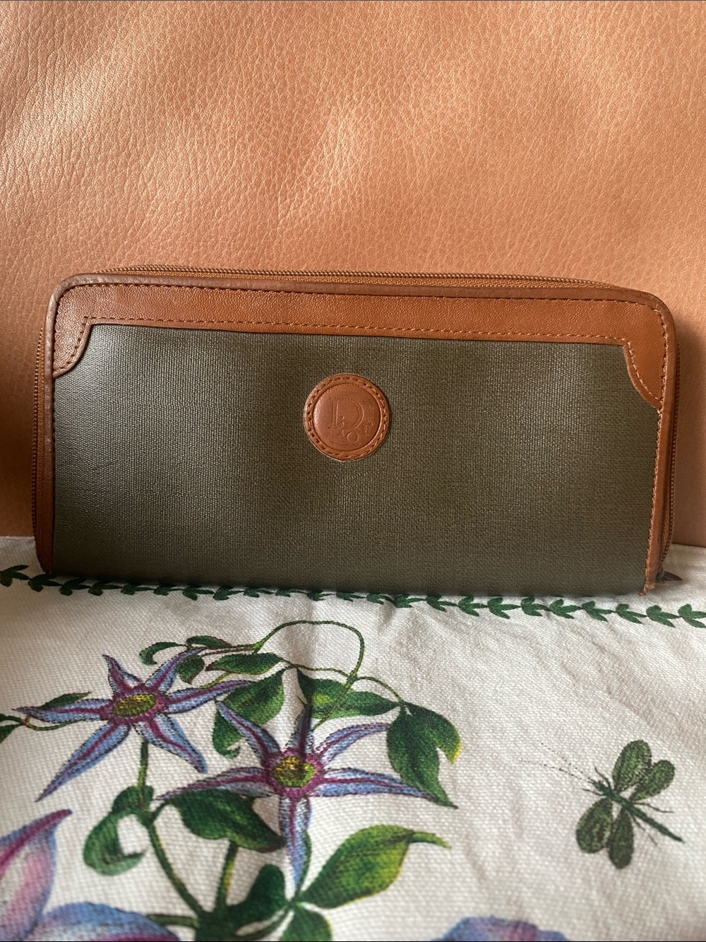 Vintage Christian Dior Vinyl Olive Green Wallet with Tan Leather Trim